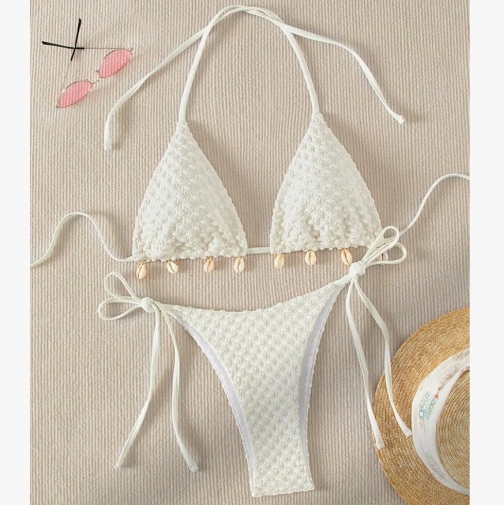 NEW Amazon Verdusa 2-Piece Tie Halter Shell Pom Triangle Bikini Set Size Small